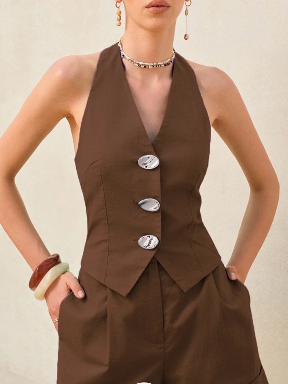 Commence Dark Brown Shorts Set Halter Vest with Button